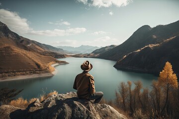 traveler, taking in the view of natural wonder, with mountains and water in the background, created with generative ai
