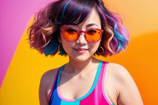Portrait of an young asian woman in sunglasses on abstract painted background, summer vibrancy. Generative AI.