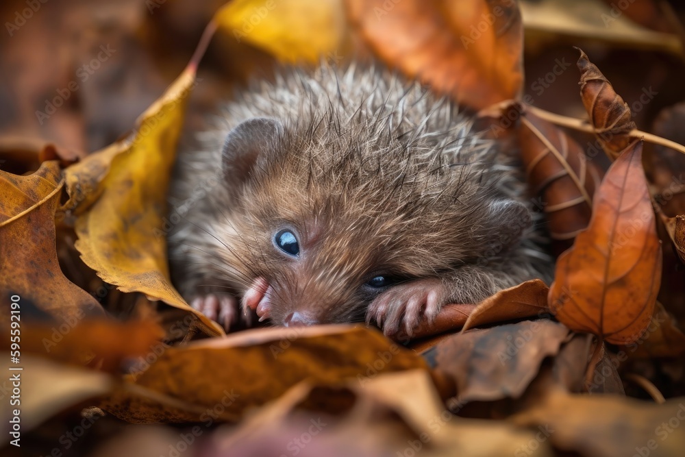 Canvas Prints a baby hedgehog, woken from its slumber, stretches and uncurls in a pile of autumn leaves, created with generative ai