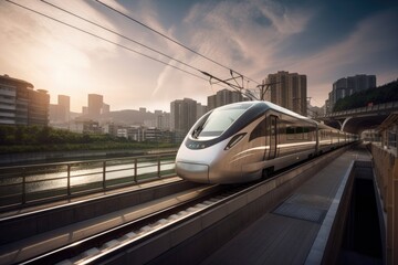 Naklejka premium high-speed train running across bridge, with view of the city in the background, created with generative ai