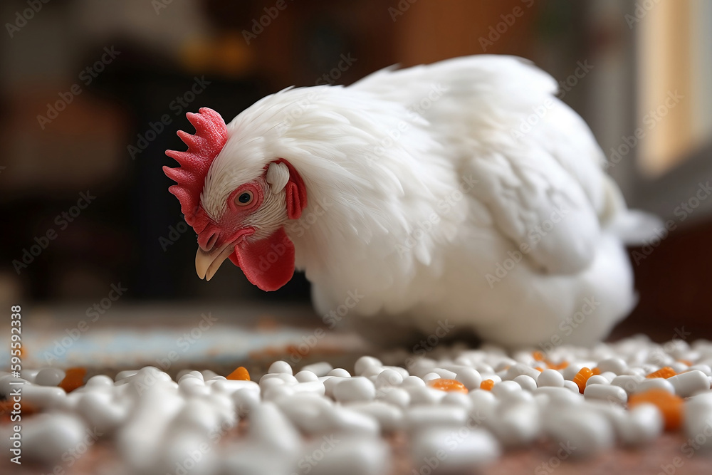 Wall mural Chicken eating medical pills. 