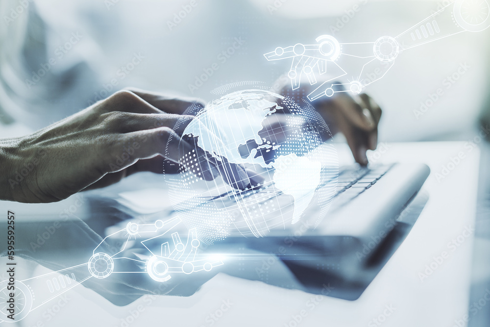 Aufkleber double exposure of robotics technology with world map hologram and hands typing on laptop on backgro