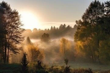 misty morning with the sun rising over the forest, bringing new day, created with generative ai