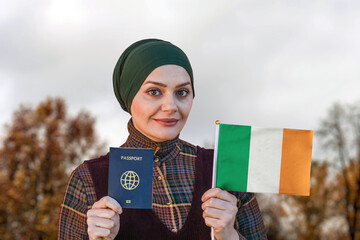 Muslim Woman Holding Passport and Flag of Ireland
