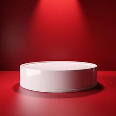Round empty white podium with light shadow on solid red background, product display