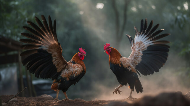 Two roosters fighting in the arena with a rustic composition. Ai generative