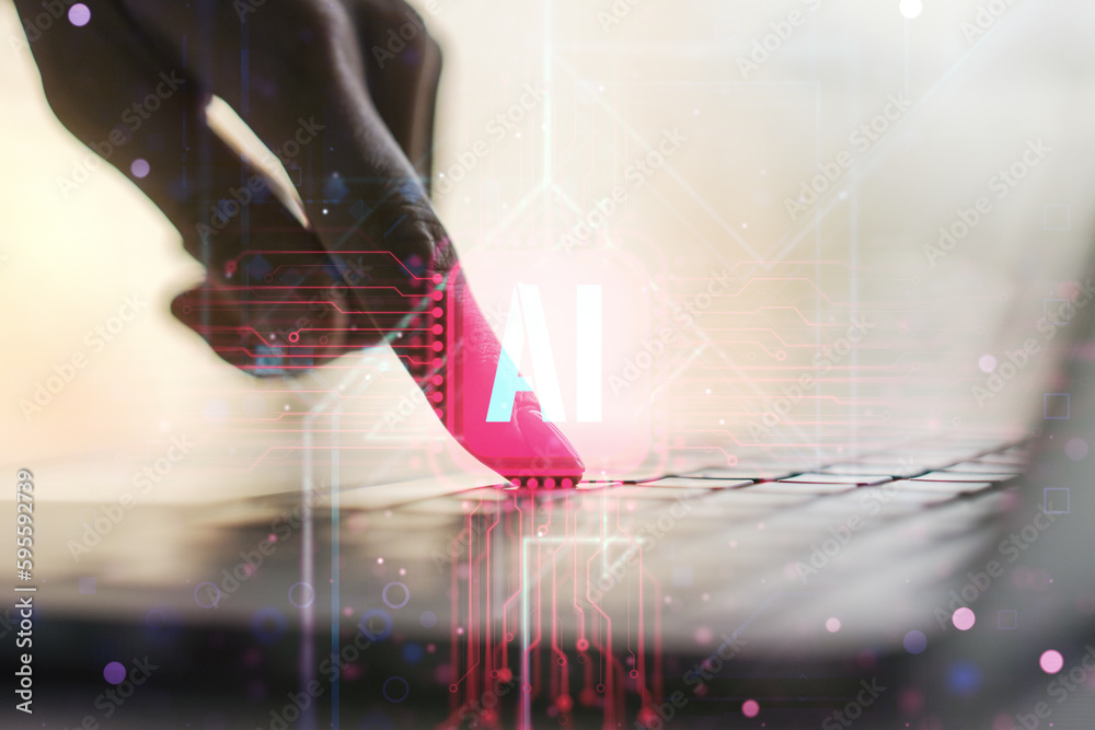 Poster creative artificial intelligence symbol concept with hands typing on computer keyboard on background