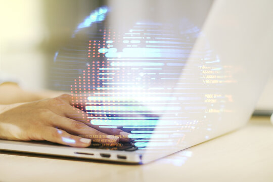 Multi exposure of abstract graphic coding sketch with world map and hands typing on computer keyboard on background, big data and networking concept