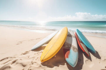 Top view of surfborad on tropical beach background. Sport and summer vacation concept. Generative ai.