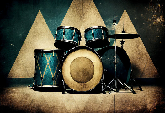Drumkit background with an abstract vintage distressed texture which is a musical percussion instrument used in blues, rock, jazz and classical music, computer Generative AI stock illustration image