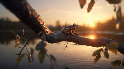 Obraz na płótnie Canvas View of a frog perched on a wooden branch at sunrise. copy space, space for text. generative AI
