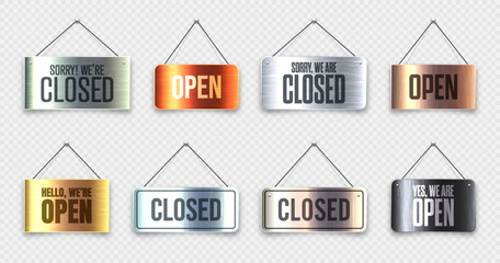 Brushed metal Open and Closed hanging signboards. Vintage door sign for cafe, restaurant, bar or retail store. Announcement banner, information signage for business or service. Vector illustration