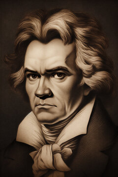 Ludwig van Beethoven engraved portrait of the famous German classical music pianist and musical opera composer, computer Generative AI stock illustration