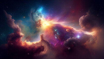 Obraz premium Supernova nebular explosion background showing the universe full of celestial stars in the night sky during a cosmic event in a galaxy making a dust cloud, computer Generative AI stock illustration