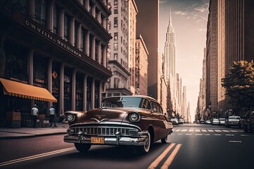 vintage car on the streets of modern city, with view of skyscrapers in the background, created with generative ai