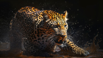 Amazing leopard moving through the water on a black background. a nice poster background. generative AI