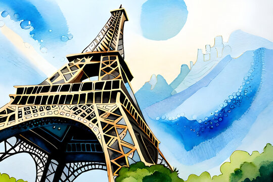 Eiffel Tower watercolour built by Gustave Eiffel in Paris France and is a popular tourist holiday travel destination and landmark attraction, computer Generative AI stock illustration image