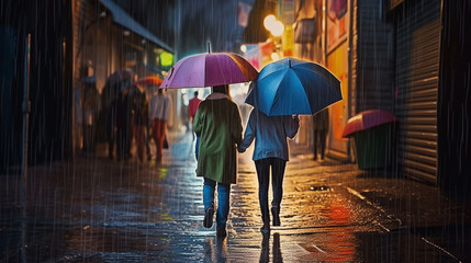 A couple of teenagers holding an umbrella walking in the middle of the city in the rain - generative Ai