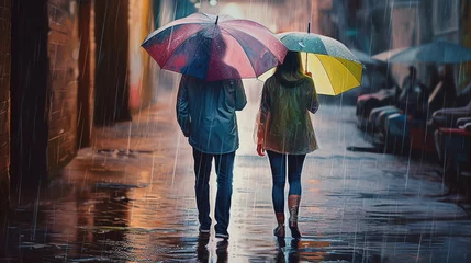 Fotobehang A couple of teenagers holding an umbrella walking in the middle of the city in the rain - generative Ai © mualtry002