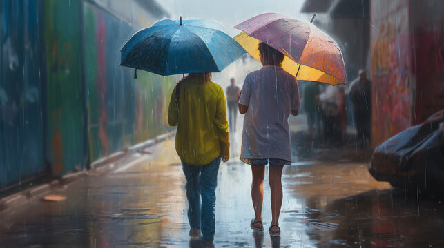 A couple of teenagers holding an umbrella walking in the middle of the city in the rain - generative Ai