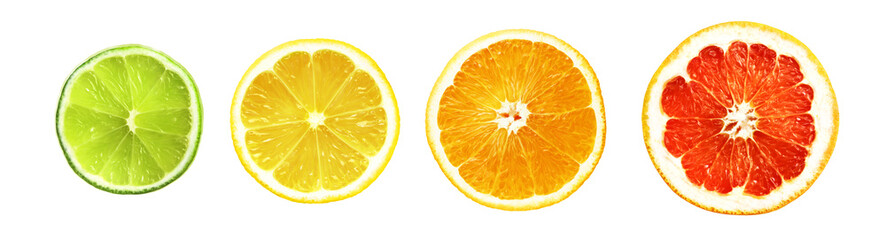 Collection of fresh citrus fruits isolated on white background. Slices of lime, lemon, orange,...