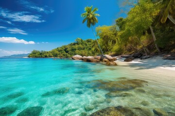 tropical beach with palm trees and clear blue waters, created with generative ai