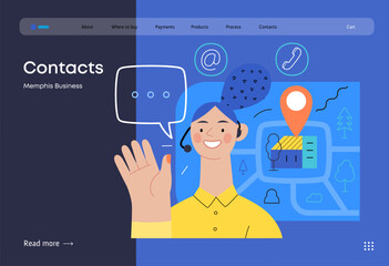 Memphis business illustration. Contacts -modern flat vector concept illustration of a female call center operator, tablet screen, map, location bubble, email, phone. Commerce business sales metaphor.