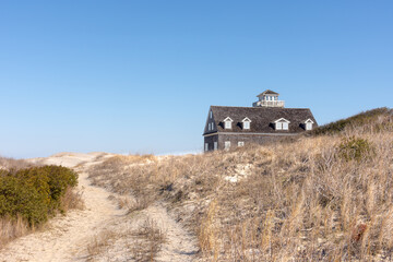 Deserted Oregon Inlet Life Saving Station at top of foot path, Outer Banks, North Carolina