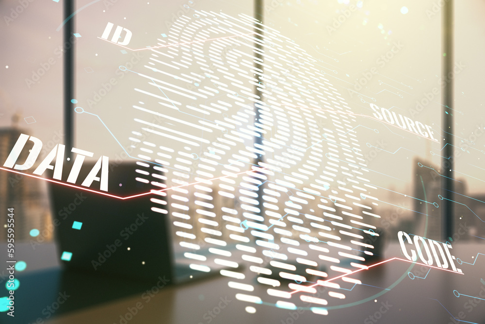 Poster Abstract creative fingerprint concept and modern desktop with computer on background. Multiexposure