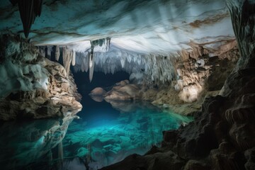 Naklejka premium cave with crystal-blue water, and spelunking formations visible in the background, created with generative ai