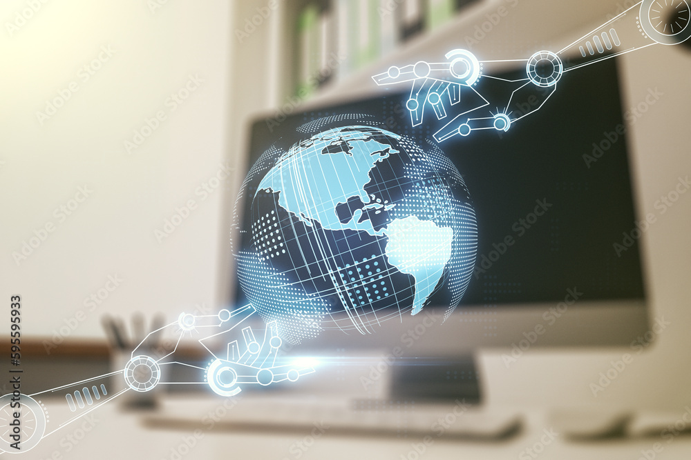 Poster creative abstract robotics technology sketch with globe and modern desk with computer on background,