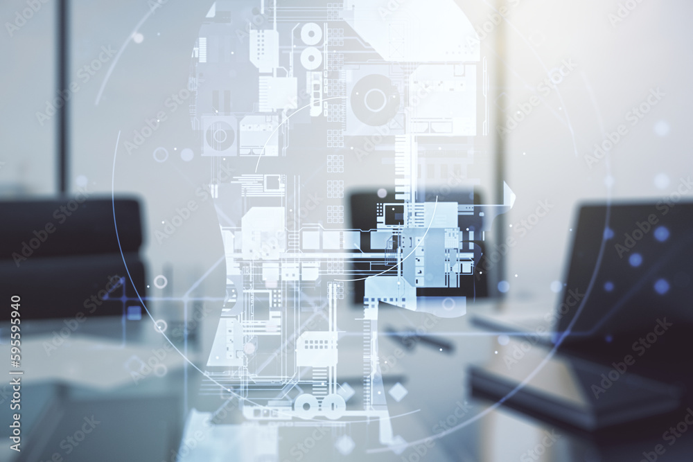 Poster double exposure of creative artificial intelligence symbol and modern desktop with laptop on backgro