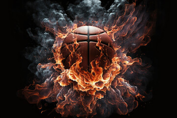 AI generated flying burning basketball in fire at black background