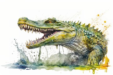 Watercolor Crocodile illustration white background,Generative AI