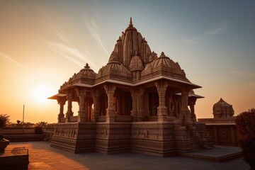 view of hindu temple, with the sun setting in the background, casting a warm glow over the building, created with generative ai