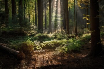 Obraz premium forest, with shimmering sunlight filtering through the trees and onto the forest floor, created with generative ai