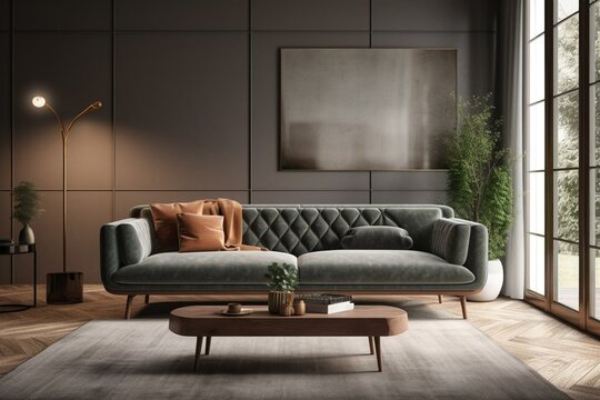 3D rendered modern sofa interior panorama. Generative AI