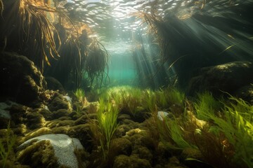 underwater scene with mixed aquatic plants and seagrasses, including kelp and seaweed, created with generative ai
