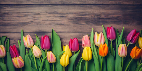 Tulip border with copy space. Beautiful frame composition of spring flowers. Bouquet of pink and yellow tulips flowers on grey wooden background. generative ai