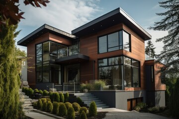 modern and contemporary residential home, with sleek lines and glass exterior, created with generative ai