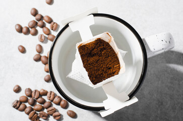 Drip Coffee Bag in Big Cup, Coffee Trend, Quick Way to Brew Ground Coffee