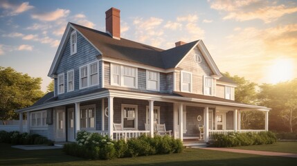 Cape cod exterior house design in daytime golden hour generative ai