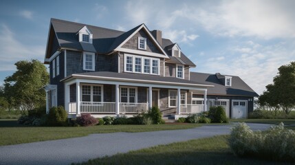 Cape cod exterior house design in daytime golden hour generative ai