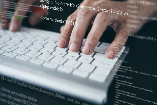 Software developer or programmer coding program with laptop. Create Intelligence innovation. Computer programming, development software engineer and architecture, digital data technology management