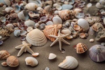 seashells, sand, and starfish on the beach, created with generative ai