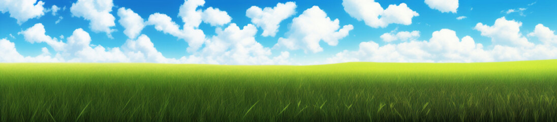 Fototapeta na wymiar 清涼感のある雲と草原の横長サイズのイラスト