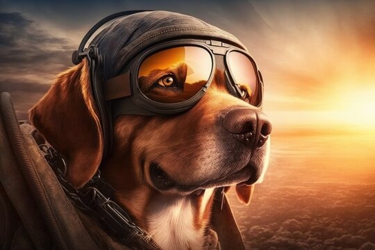 pilot dog in flight jacket and sunglasses, with view of the runway, created with generative ai