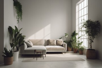A vacant living space on a blank white wall displaying a couch, plants, and a table. Digital creation. Generative AI