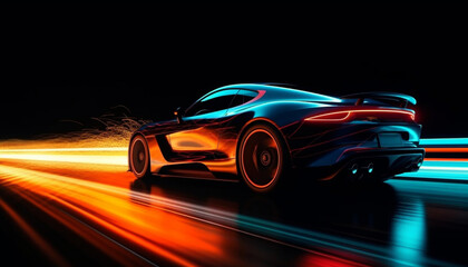 Plakat sports car on a dark background with colored lights Generative ai