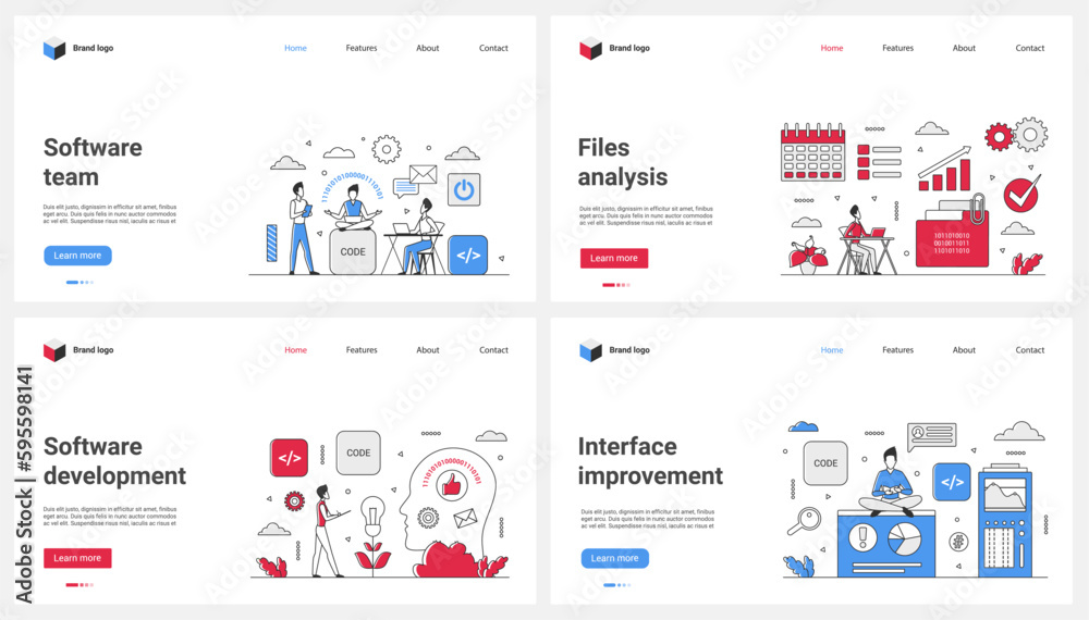 Aufkleber Software development and program interface improvement, file analysis set vector illustration. Cartoon tiny team of coders and engineers develop and test program code, people work with digital data